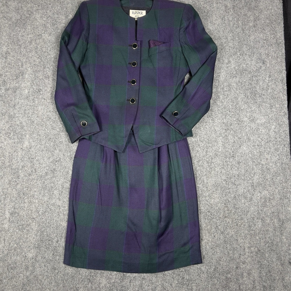 Kasper ASL Petite Women's Plaid Skirt Suit 6P Purple Green Blazer 2 Piece Set